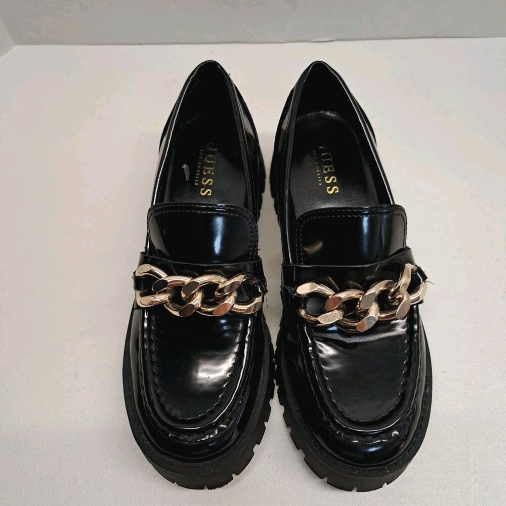 Guess Hillford Chunky Black Patent Leather Gold chain Loafers Women's 7M
